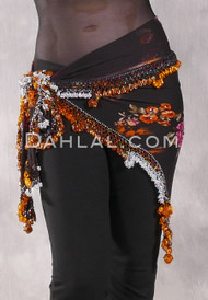 DYNASTY Wide Row Beaded Hip Scarf - Floral, Black, Copper, Silver and Light Orange