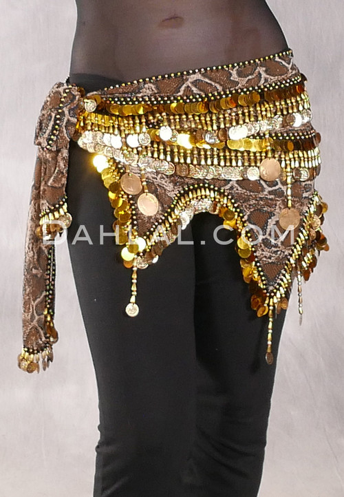 Egyptian Wave Teardrop Hip Scarf with Coins and Paillettes - Dark Snake Print and Gold