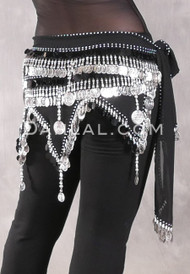 Egyptian Wave Teardrop Hip Scarf with Coins and Paillettes - Black and Silver