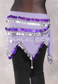 Egyptian Wave Teardrop Hip Scarf with Coins and Paillettes - Lavender, Silver and Purple
