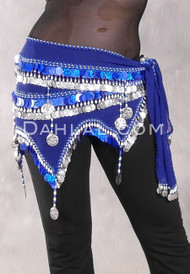 Egyptian Wave Teardrop Hip Scarf with Coins and Paillettes - Royal Blue and Silver