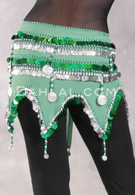 Egyptian Wave Teardrop Hip Scarf with Coins and Paillettes - Green and Silver