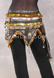 Egyptian Wave Teardrop Hip Scarf with Coins and Paillettes - Metallic Multi-color, Gold and Red