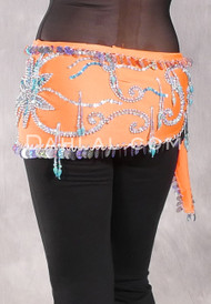 Egyptian Beaded Paillette Hip Scarf - Bright Orange Lycra with Silver and Turquoise