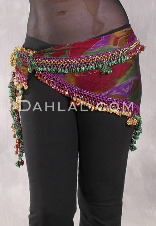 DYNASTY Wide Row Beaded Hip Scarf - Graphic Print, Gold, Green and Copper Iris