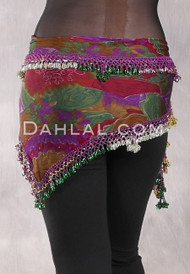 DYNASTY Wide Row Beaded Hip Scarf - Graphic Print, Gold, Green and Light Sage