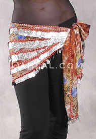 Five Row Egyptian Coin Hip Scarf - Peacock Print with Silver