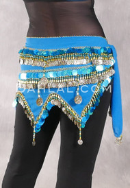 Egyptian Wave Teardrop Hip Scarf with Coins and Paillettes - Medium Blue, Gold and Turquoise