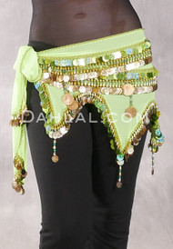 Egyptian Wave Teardrop Hip Scarf with Coins and Paillettes - Lime and Gold