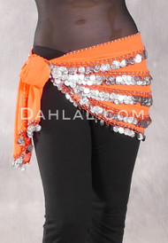 Five Row Egyptian Coin Hip Scarf - Bright Orange with Silver