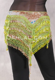 Deep "V" Beaded Loop Egyptian Hip Scarf - Graphic Print with Gold and Lime