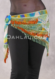 Egyptian Deep V Beaded Hip Wrap and Teardrop Beads - Stripe with Green, Orange, Silver and Turquoise