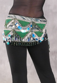 Egyptian Hip Scarf With Beads And Coins - Graphic Print with Silver, Green, Green Iris and Turquoise