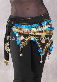 Egyptian Wave Teardrop Hip Scarf with Coins and Paillettes - Black with Gold and Turquoise