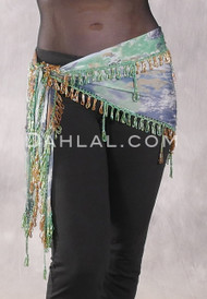 Egyptian Single Row Beaded Scarf - Graphic Print with Green Iris and Gold