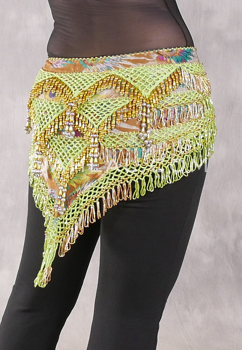 Egyptian Deep V Beaded Hip Wrap and Teardrop Beads - Peacock Print with Gold, Lime Iris and Silver