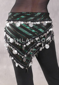 Three Row Egyptian Coin Hip Scarf With Multi-Sized Coins - Metallic Stripe Black, Green and Silver