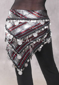 Three Row Egyptian Coin Hip Scarf With Multi-Sized Coins - Metallic Stripe with Silver