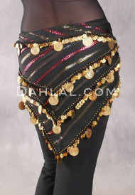 Three Row Egyptian Coin Hip Scarf With Multi-Sized Coins - Metallic Stripe with Gold