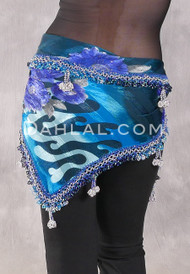 DYNASTY Wide Row Beaded Hip Scarf - Floral Print with Silver, Royal Blue Iris, Turquoise and Light Blue