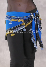 DYNASTY Wide Row Beaded Hip Scarf - Royal Blue with Gold, Light Blue and Black