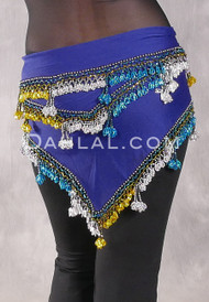 DYNASTY Wide Row Beaded Hip Scarf - Royal Blue with Silver, Turquoise and Yellow