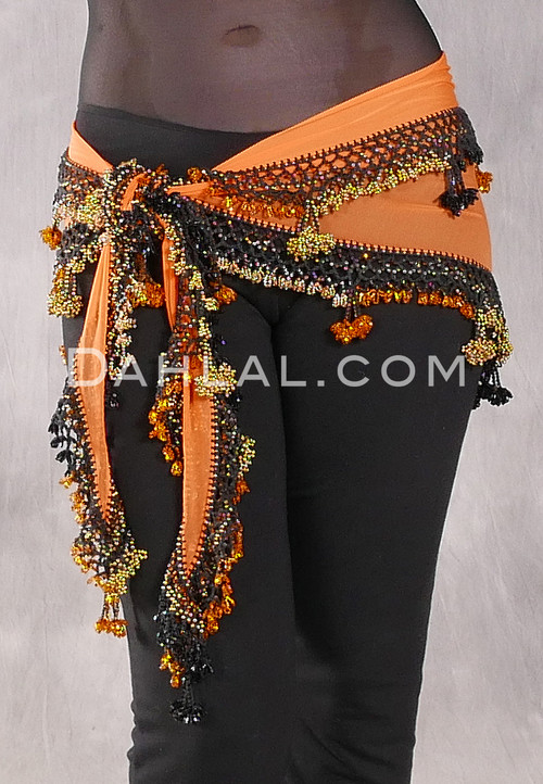  DYNASTY Wide Row Beaded Hip Scarf - Orange with Gold, Black and Goldenrod