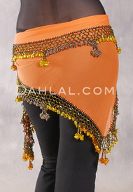 DYNASTY Wide Row Beaded Hip Scarf - Orange with Yellow, Goldenrod and Bronze