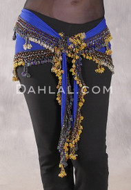 DYNASTY Wide Row Beaded Hip Scarf - Royal Blue with Silver Iris, Black Iris and Gold