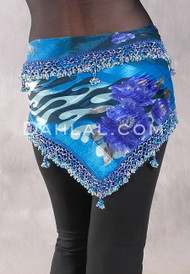 DYNASTY Wide Row Beaded Hip Scarf - Floral Print with Silver, Turquoise and Light Blue