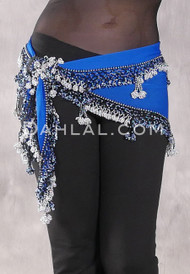DYNASTY Wide Row Beaded Hip Scarf - Blue with Silver, Light Blue and Black