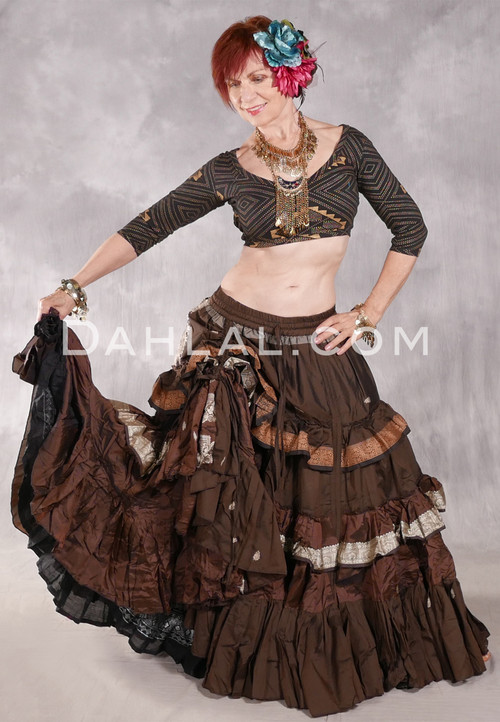 MOONLIGHT AVALON 25 Yard Silk Tiered Ruched Skirt - Dark Chocolate, Light Copper and Silver