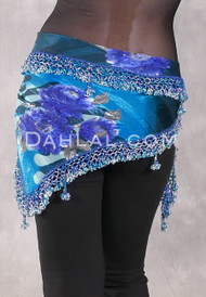 DYNASTY Wide Row Beaded Hip Scarf - Floral with Turquoise, Light Blue and Silver