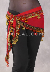 DYNASTY Wide Row Beaded Hip Scarf - Red with Gold, Goldenrod and Orange