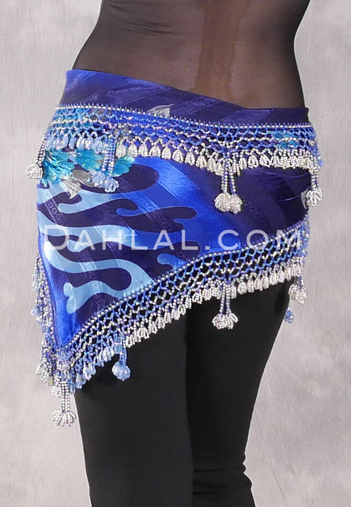 DYNASTY Wide Row Beaded Hip Scarf - Floral with Light Blue and Silver