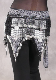 Teardrop Fringe Wave Egyptian Hip Scarf with Coins - Graphic Print with Black and Silver