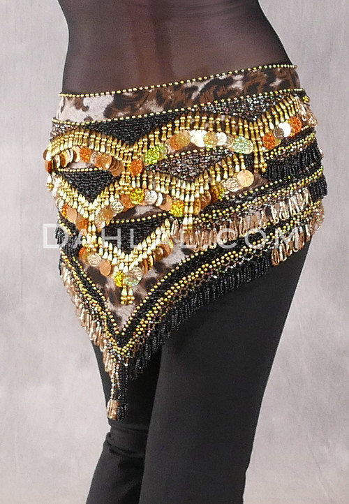 GRAND PYRAMID Egyptian Bead and Coin Hip Scarf - Animal Print with Gold and Black