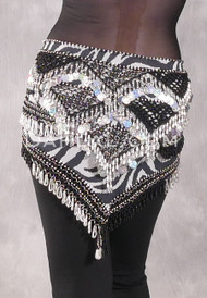 GRAND PYRAMID Egyptian Bead and Coin Hip Scarf - Animal Print with Silver and Black