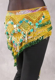 GRAND PYRAMID Egyptian Bead and Coin Hip Scarf - Peacock Print with Gold, Green and Yellow Iris