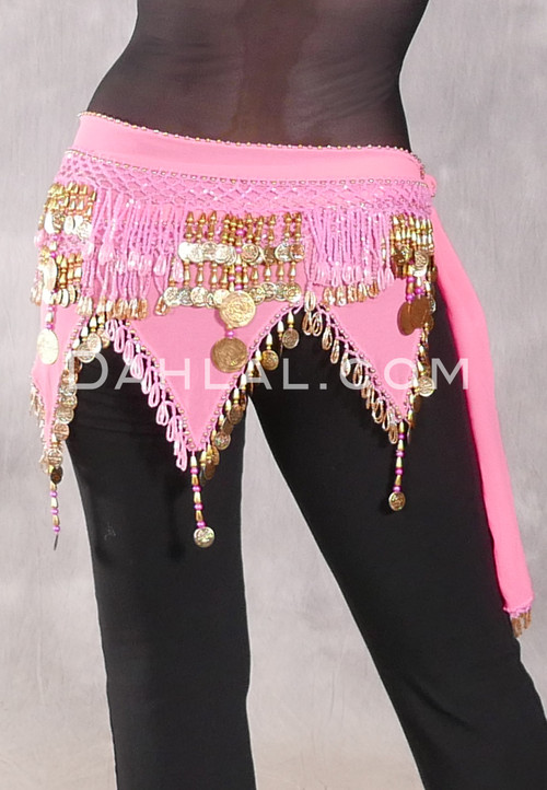 Teardrop Fringe Wave Egyptian Hip Scarf with Coins - Hot Pink with Pink and Gold