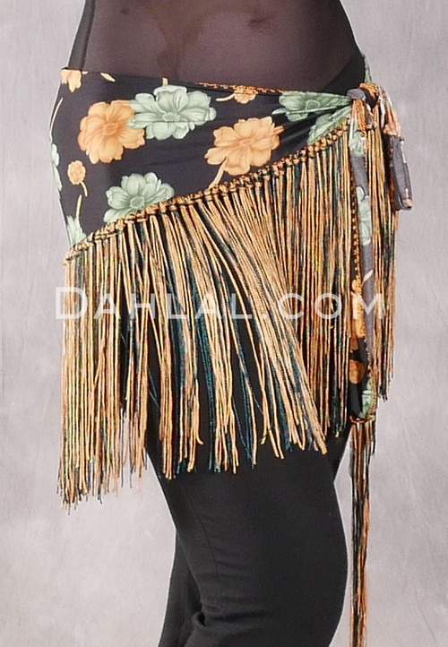 Lycra Fringe Hip Scarf - Floral with Gold and Forest Green