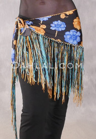 Lycra Fringe Hip Scarf - Floral with Black, Turquoise and Gold