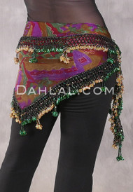 DYNASTY Wide Row Beaded Hip Scarf -Multi-color Graphic Print with Green and Gold