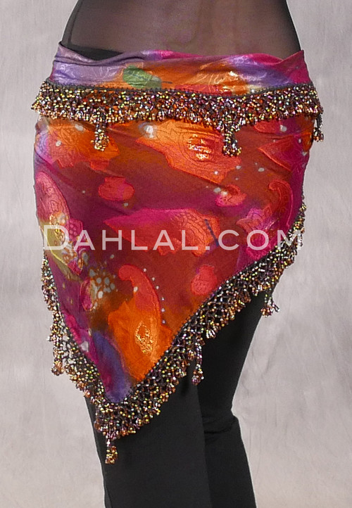DYNASTY Wide Row Beaded Hip Scarf - Multi-color Graphic Print with Gold and Amber Iris