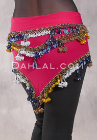 DYNASTY Wide Row Beaded Hip Scarf - Fuchsia with Yellow, Silver, Bronze and Midnight Blue Iris