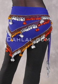 DYNASTY Wide Row Beaded Hip Scarf - Royal Blue with Silver, Goldenrod and Orange