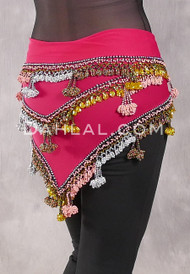 DYNASTY Wide Row Beaded Hip Scarf - Fuchsia with Silver, Yellow, Bronze and Peach