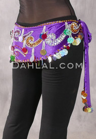 Egyptian Velvet Beaded Paillette Hip Wrap - Purple with Multi-color