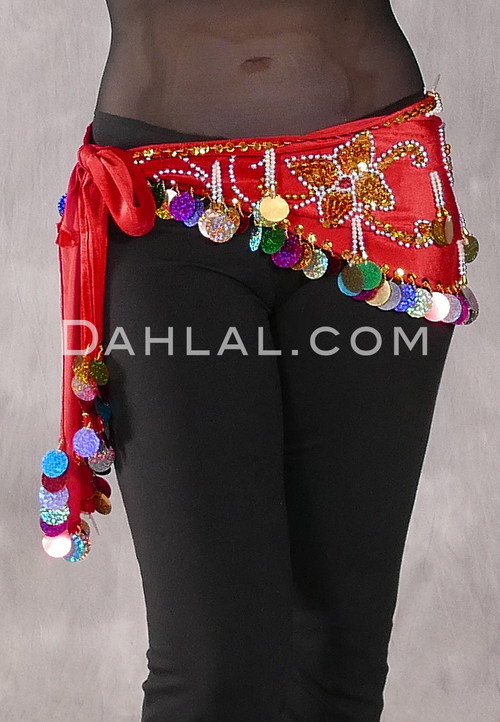 Egyptian Velvet Beaded Paillette Hip Wrap - Red with Multi-color