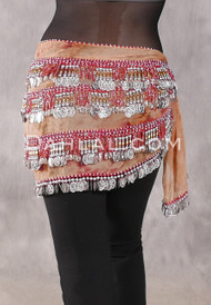 Egyptian Tie-dye Beaded Fringe Coin Hip Scarf - Tie-dye with Silver and Gold